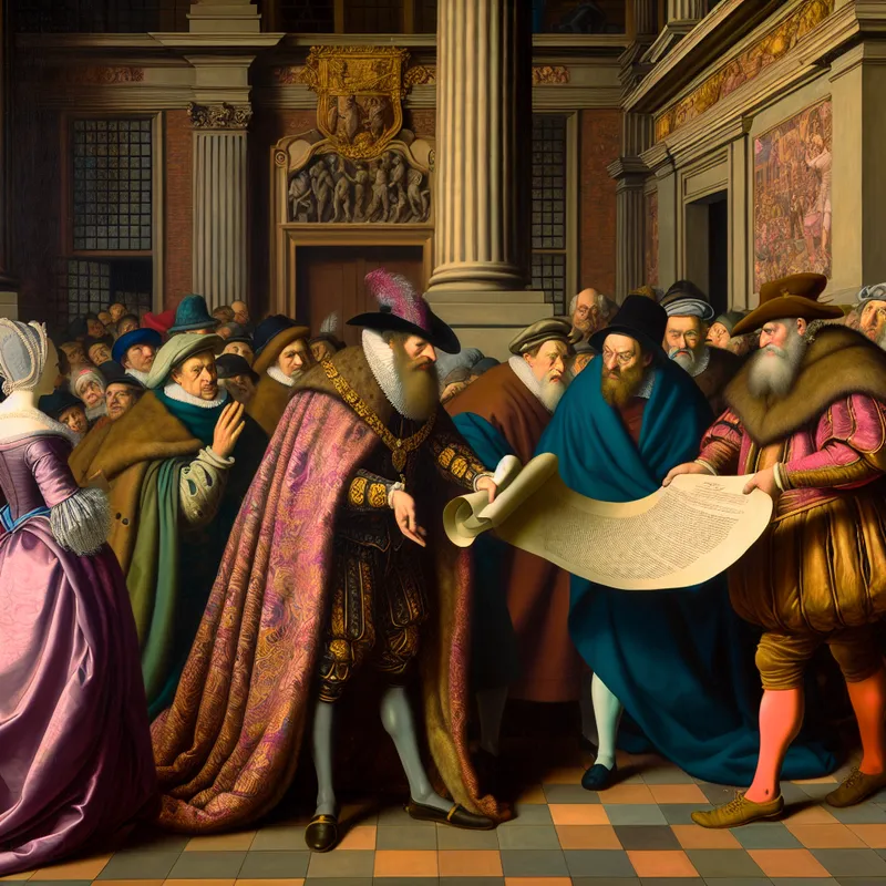 Een krachtige burgemeester drukt een groot, versierd document af aan bezorgde burgers in een weelderig stadhuis.