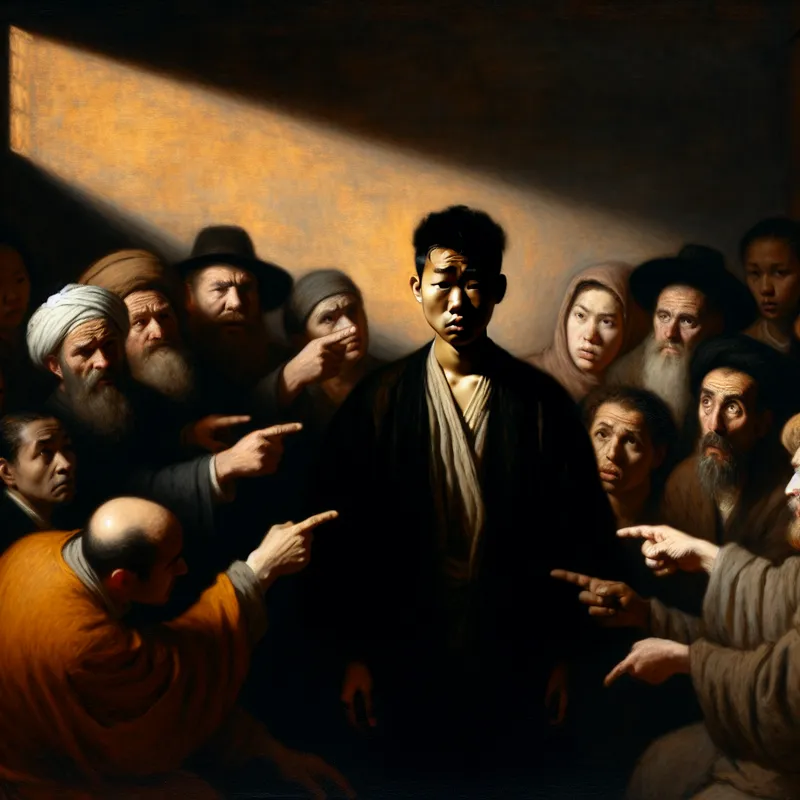 Een dramatische scène met een groep mensen in een schemerige kamer. Een man staat in het midden, lijdzaam en spijtig, omringd door anderen die beschuldigend naar hem wijzen.