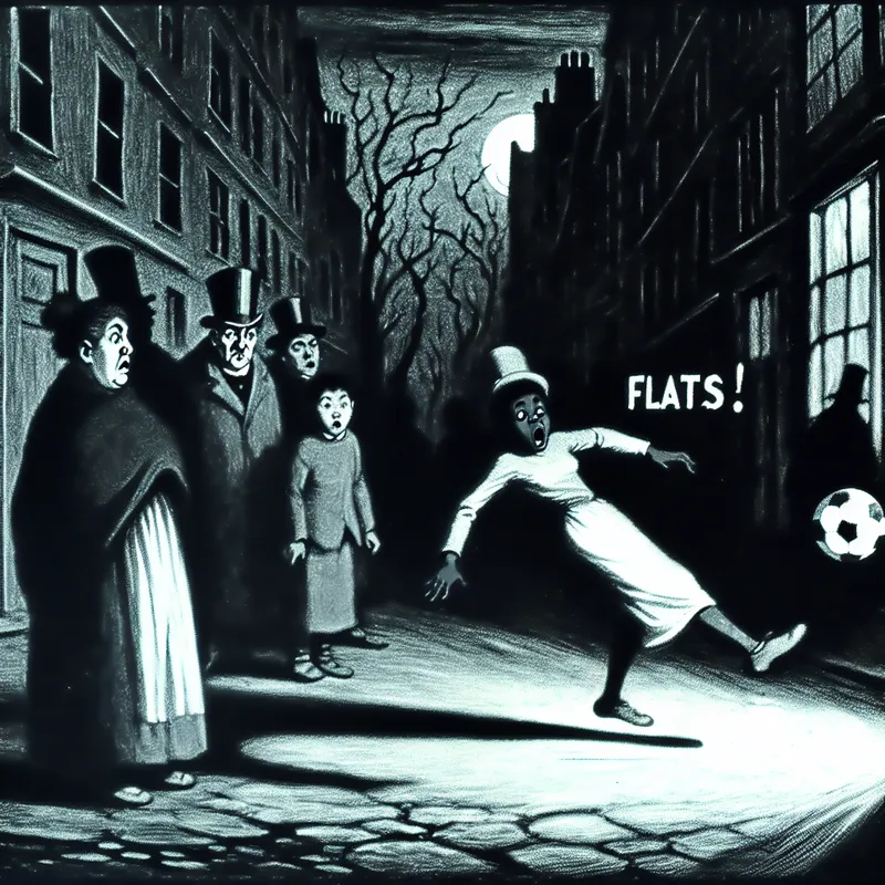 Een dramatische scène waarin iemand 'Flats!' roept na een onverwachte gebeurtenis op straat, met een voetbal die een doelpaal raakt en verbaasde omstanders.