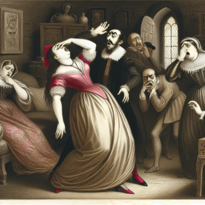 Een vrouw valt dramatisch flauw in een zwak verlichte kamer, terwijl omstanders met een verontruste en geschokte uitdrukking kijken. Ze houdt haar voorhoofd vast en wijst naar een denkbeeldige aandoening.