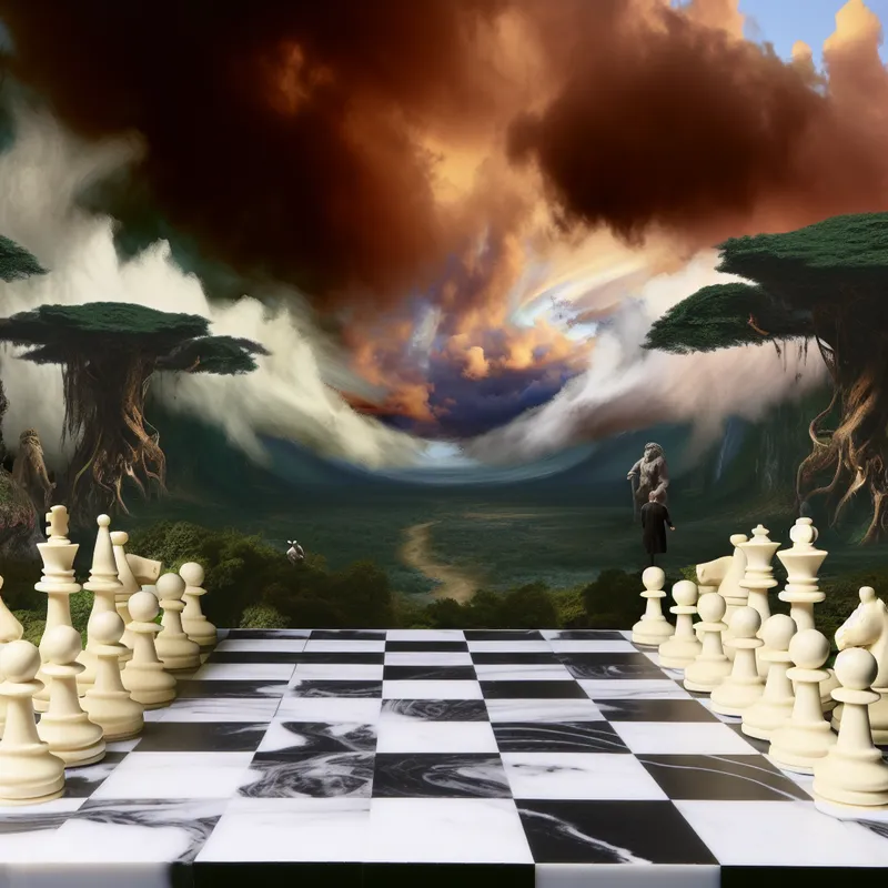 Een hand beweegt een schakelstuk op een fraai ontworpen schaakbord, omringd door een weelderig landschap met een dramatische lucht, in de stijl van Jacob van Ruisdael.