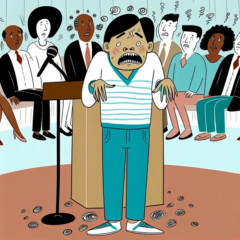 Illustratie van een nervieuze spreker achter een podium, die zijn ongemak overdreven uitdrukt