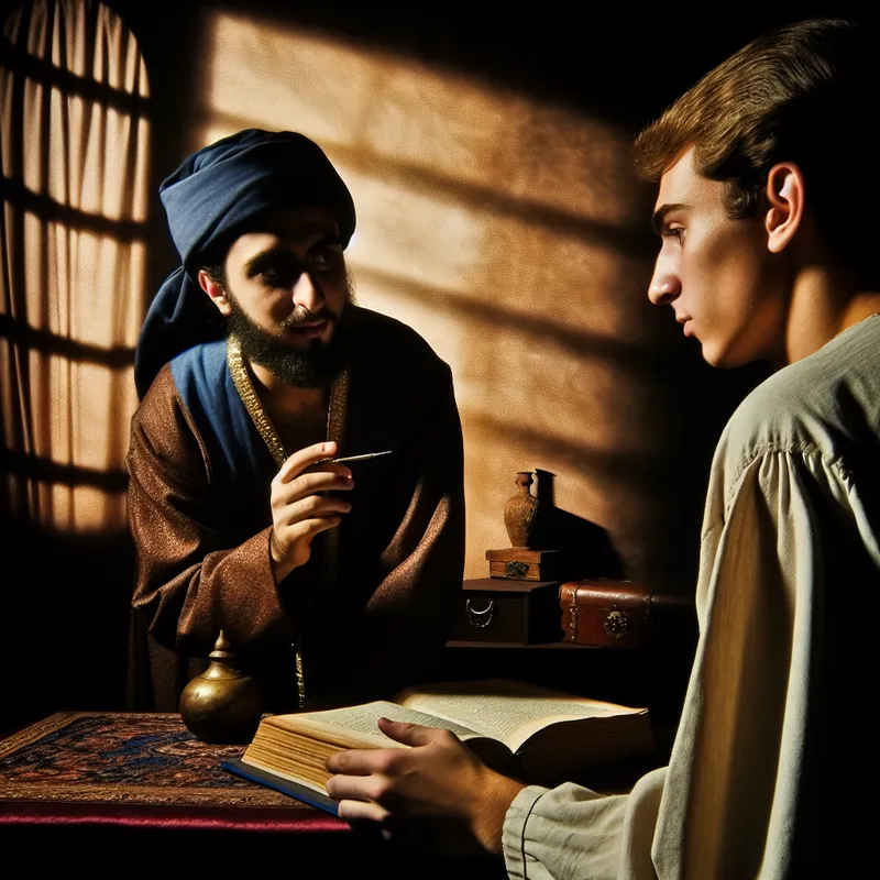 Twee figuren in een sfeervol verlichte kamer, waarbij één figuur met een boek wijst naar een eerder boek op de tafel.