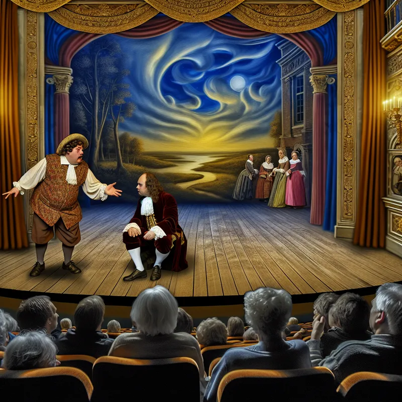 Een dramatische theater scène waarin een Assistent-Narrator (AN) een hoofdverteller helpt op een prachtig verlicht podium.