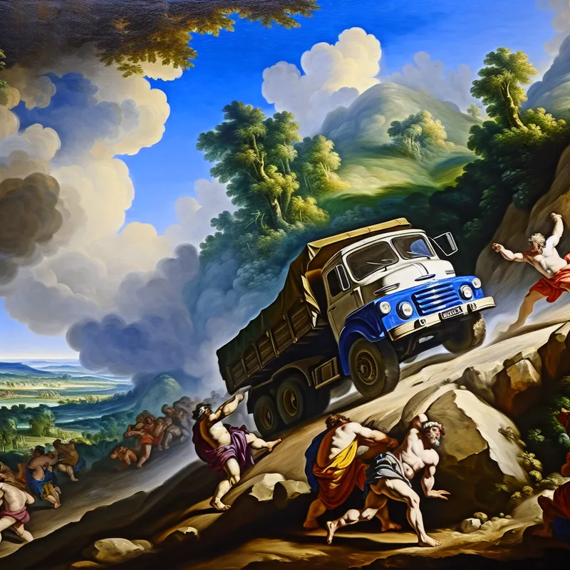Een grote truck die moeite heeft om een ruw, onverhard pad op te klimmen, omringd door sterke figuren die helpen, onder een heldere blauwe lucht met wolken.