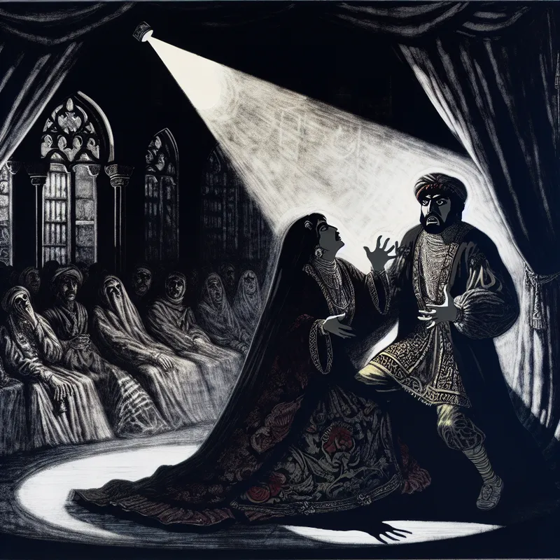 Acteurs in historische kostuums die een dramatisch toneelstuk uitvoeren op een podium, met dikke donkere gordijnen en een spotlicht dat het podium verlicht.