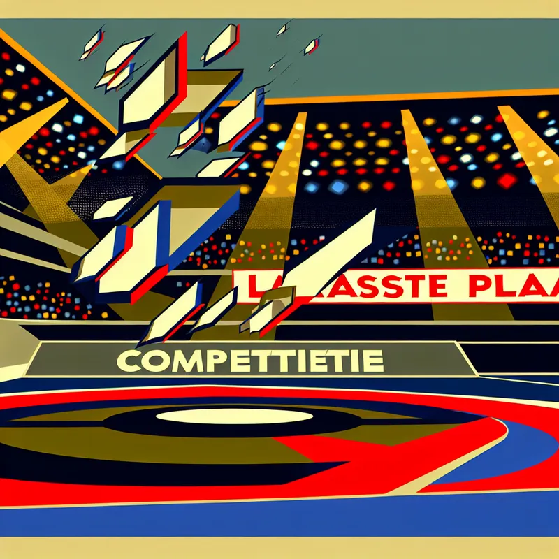 Abstracte illustratie van een sportteam dat valt van een platform met het label 'Competitie' naar 'Laatste Plaats', met een retro-futuristisch stadion op de achtergrond.