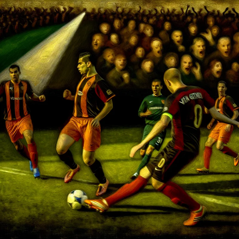 Close-up van een spannende voetbalwedstrijd tussen twee rivaliserende teams, met spelers in felle kleuren en intense gezichten, op een levendig groen veld.