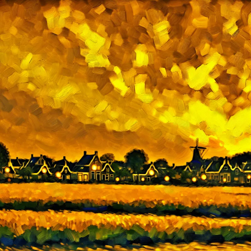 Dramatische zonsondergang boven een pittoresk Nederlands landschap met goudkleurige lucht en traditionele huizen.