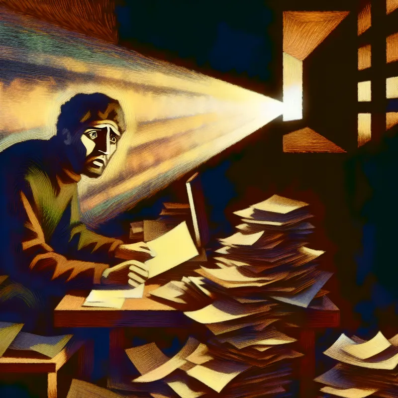 Een jongvolwassene met een bezorgde uitdrukking zit aan een rommelig bureau, omringd door stapels papierwerk en een gloeiende computer.