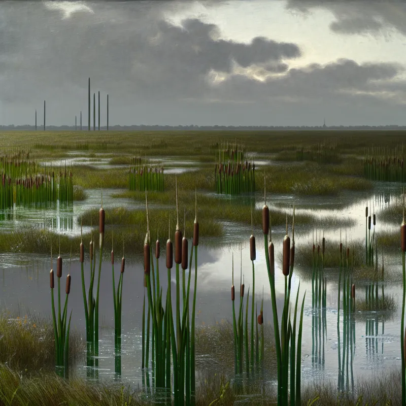 Hyperrealistisch surrealistisch landschap met drassige grond en glinsterende biezen na zware regenval, reflecterende plassen en monumentale architectuur op de achtergrond