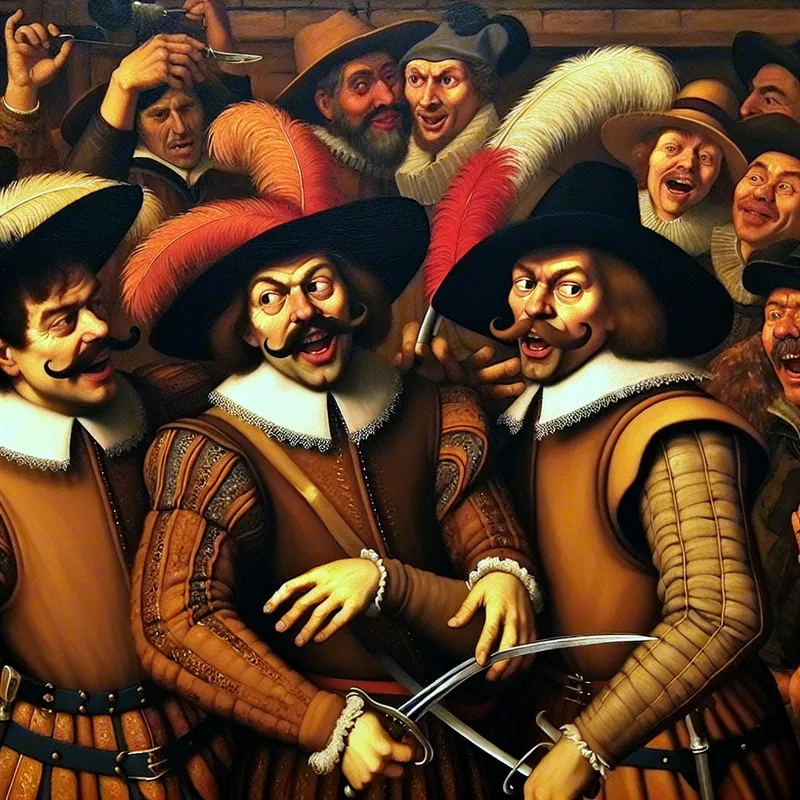 Drie musketiers in 17e-eeuwse herberg, levendige groep van drie in chaotische stijl van Jan Steen