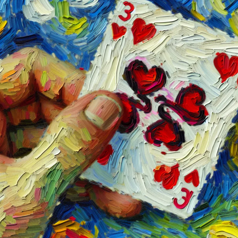 Hand die de drie van harten speelkaart vasthoudt met drie rode harten, geschilderd in Van Gogh-stijl met expressieve penseelstreken