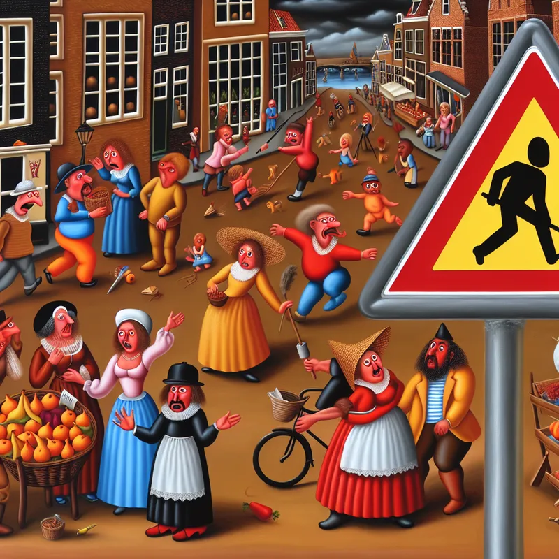 Driehoekig verkeersbord op een drukke straat met kleurrijke personages die interactie hebben