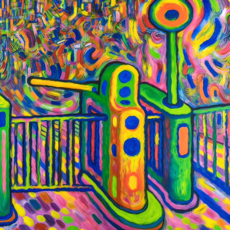 Kleurrijk draaihek in abstracte stijl, open en uitnodigend, met energieke kleuren en vormen op de achtergrond.