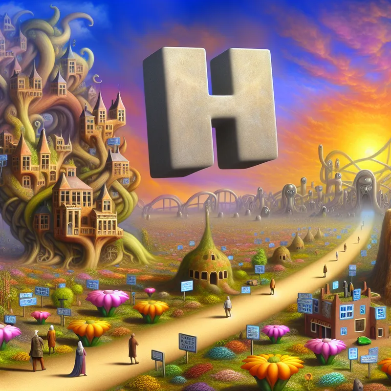 Een enorme drijvende letter 'H' in een droomachtige landschap met surrealistische gebouwen en een kleurrijke lucht, omringd door mensen die woorden bestuderen.