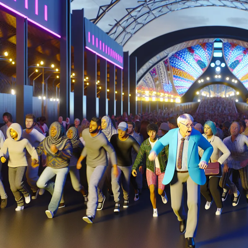 Een grote menigte mensen die zich naar de ingang van een concertgebouw dringt, met diverse uitdrukkingen van opwinding en vastberadenheid.