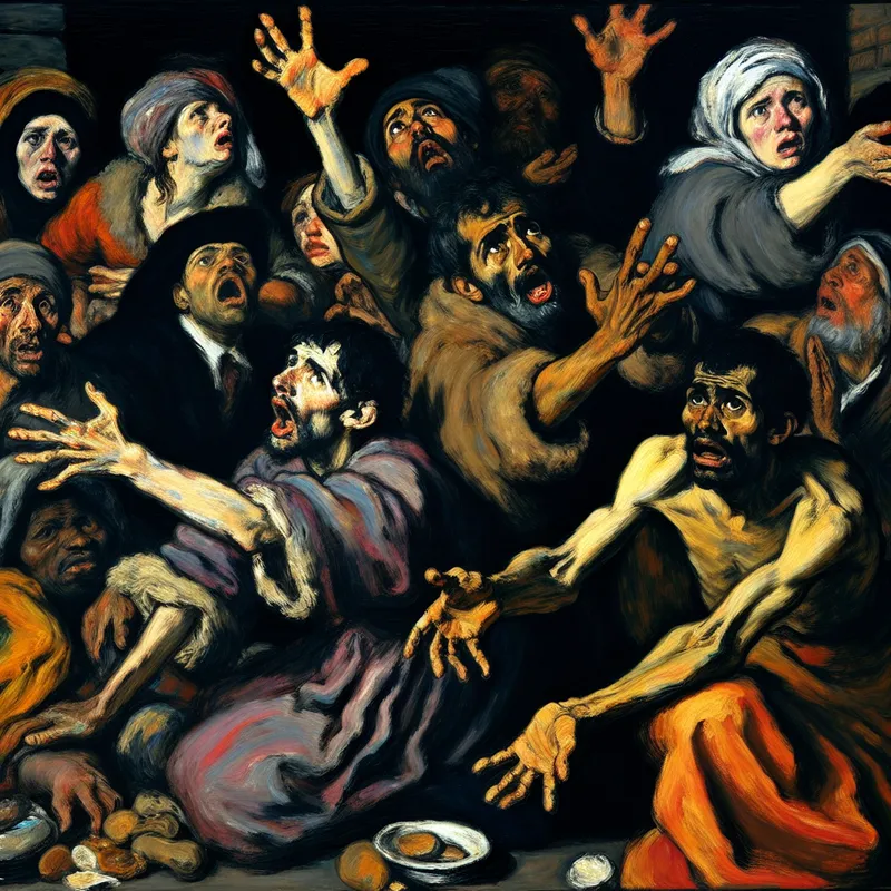 Groep wanhopige vluchtelingen met uitgestrekte handen smeken om voedsel en onderdak in een dramatische schilderstijl