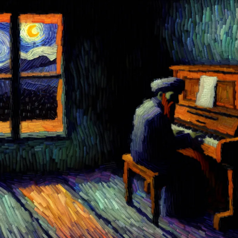 Melancholische muzikant in een slecht verlichte kamer, spelend op een oude piano met een traan op de wang.