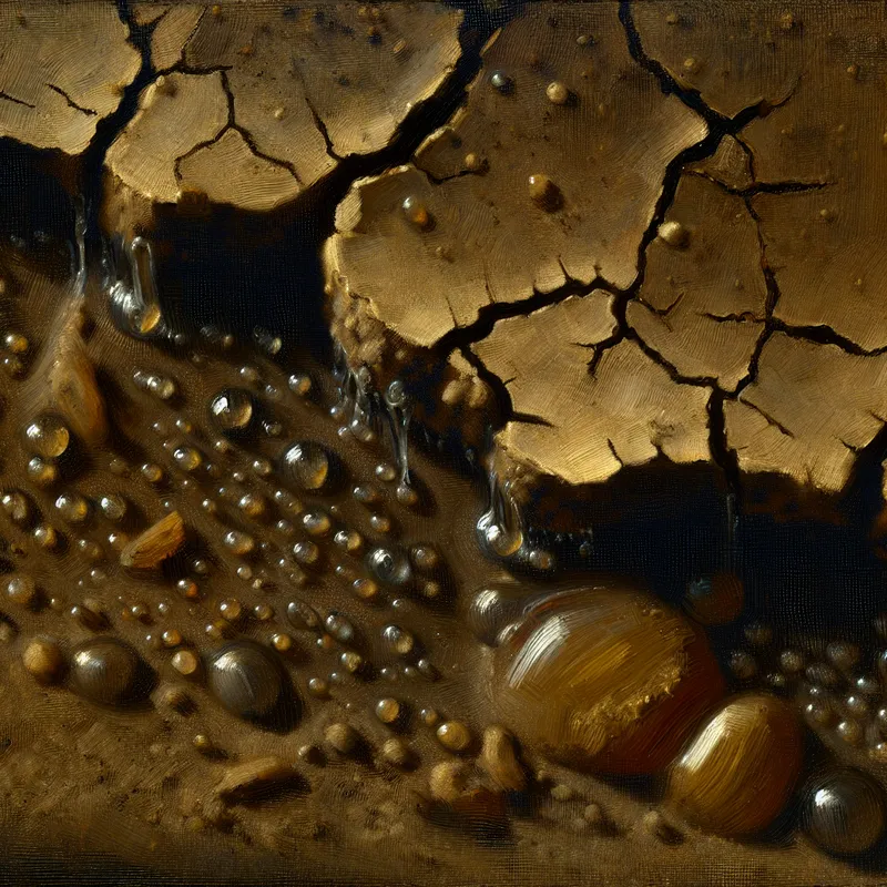 Droge, gebarsten aarde die regenwater absorbeert in een 17e-eeuws Nederlands genretafereel