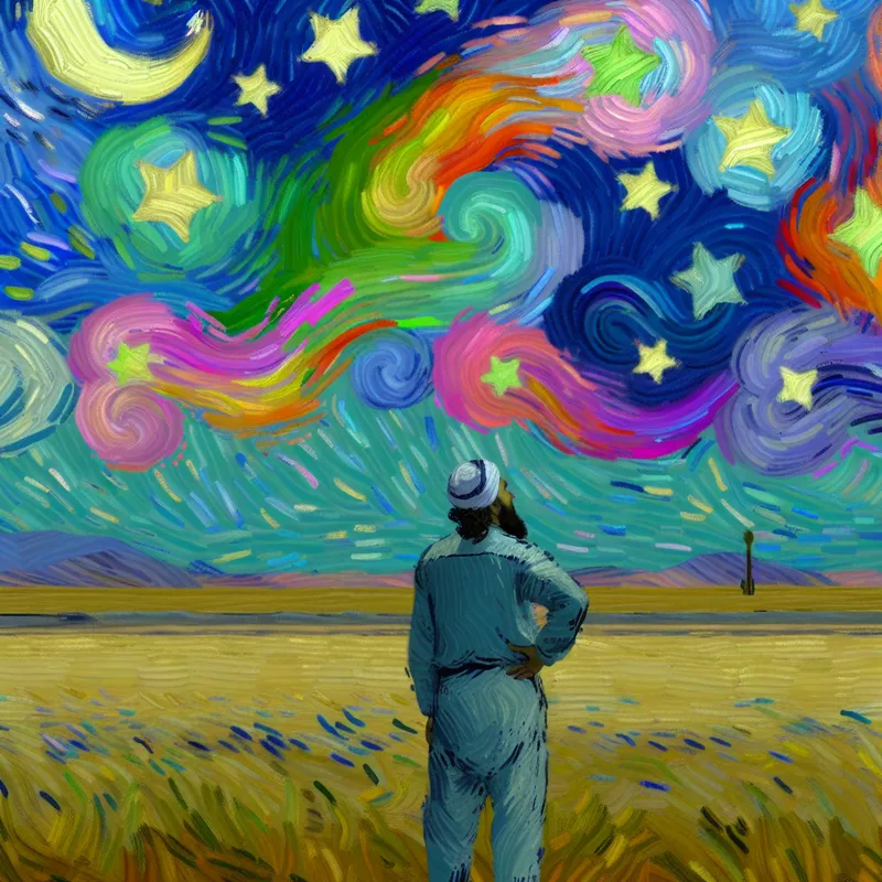 Man in een open ruimte kijkt omhoog naar een kleurrijke hemel vol sterren en vormen van superhelden in Van Gogh-stijl.