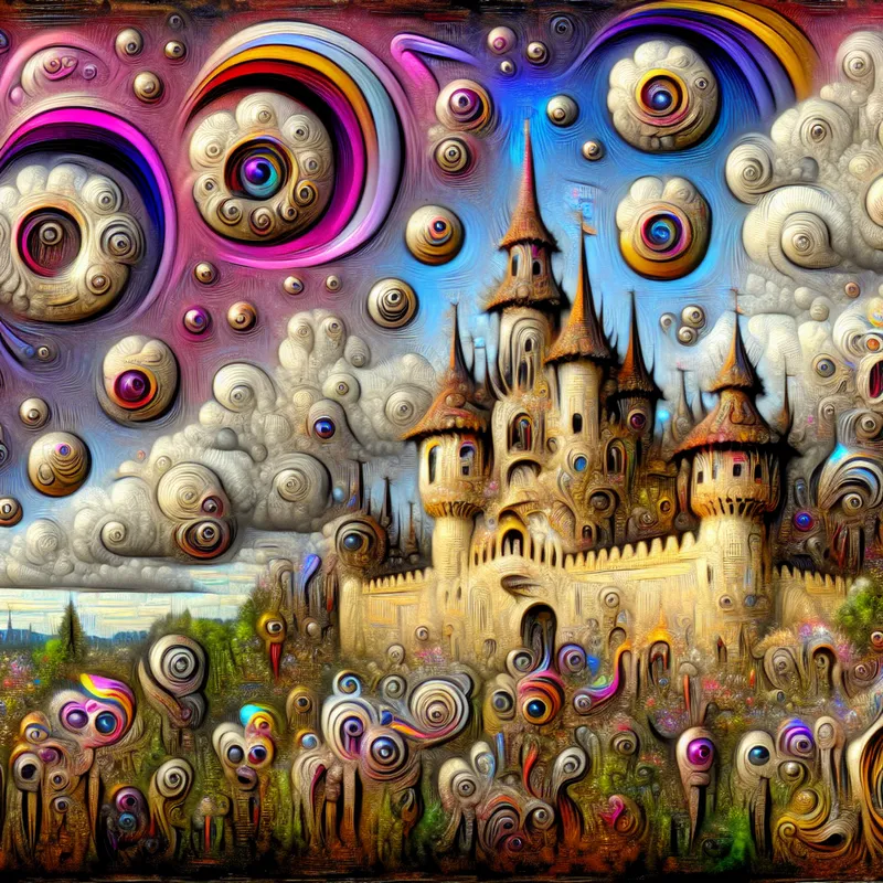 Een surrealistisch kasteel omringd door bizarre wezens in een dromerige landschap, geïnspireerd door de stijl van Hieronymus Bosch.