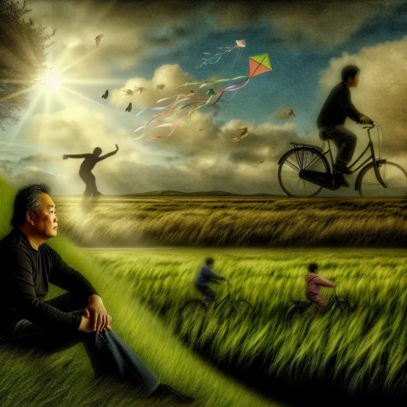 Persoon zit op een grasheuvel en kijkt naar een veld met droomachtige silhouetten van kinderen die spelen, fietsen en vliegers vliegen, onder een dramatische lucht met zonnestralen.