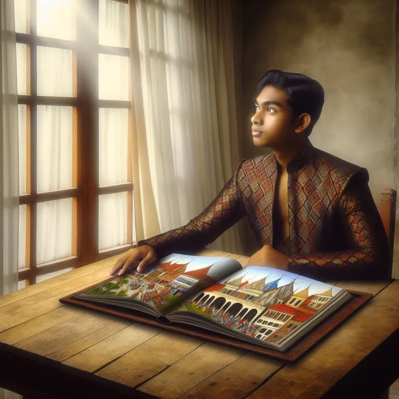 Een jonge persoon zit aan een fraai gedekte houten tafel en kijkt dromerig naar buiten, met een open schetsboek voor zich.