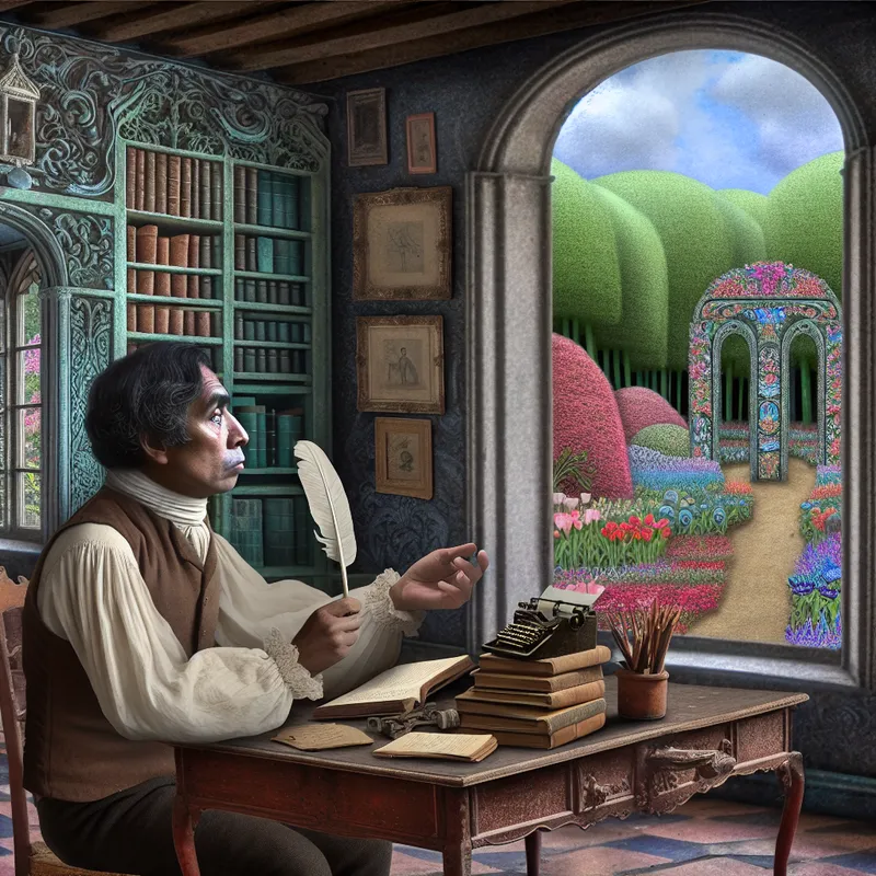 Man zit aan antiek houten bureau vol boeken en veerpen, kijkt peinzend uit sierlijk raam naar dromerige tuin