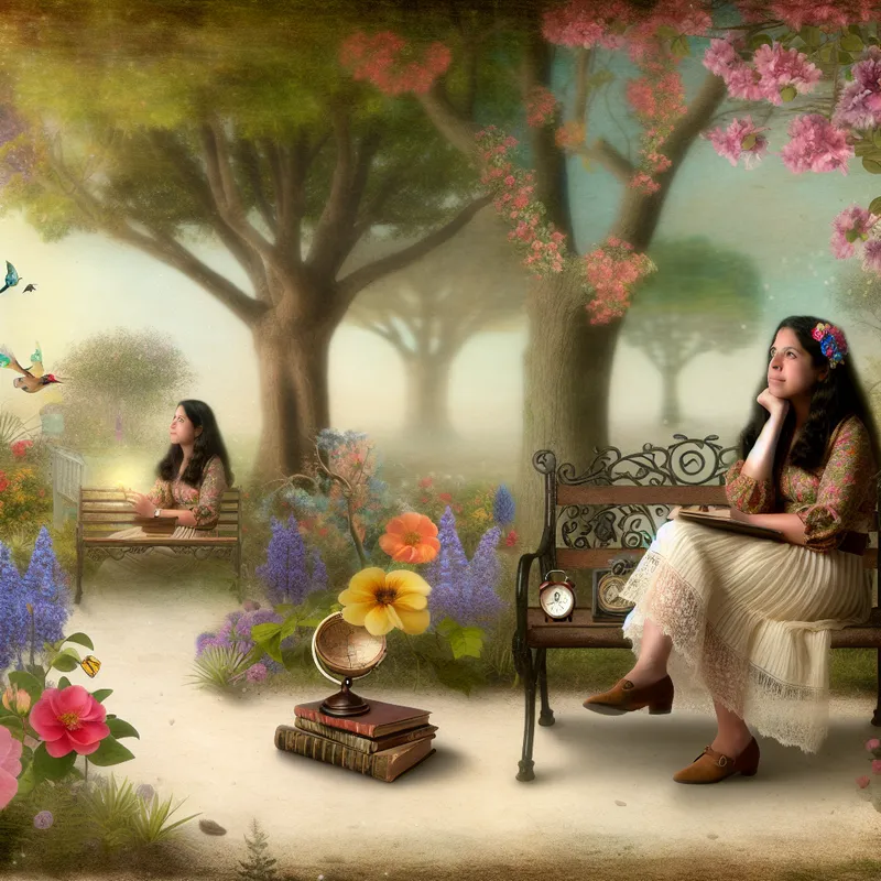 Een jonge vrouw zit op een parkbank, omringd door kleurrijke bloemen en hoge bomen, terwijl ze dromerig in de verte kijkt.