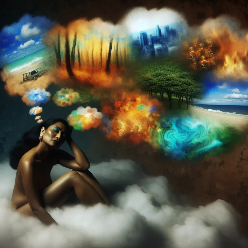 Vrouw die op een wolk zit, dromend terwijl kleurrijke landschappen uit haar gedachten ontsnappen