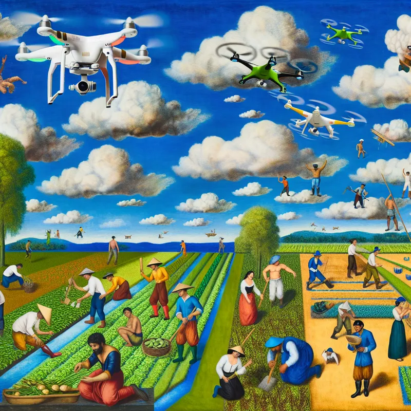 Een drone vliegt boven een levendige boerderij met boeren die bezig zijn met planten en inspecteren van gewassen.