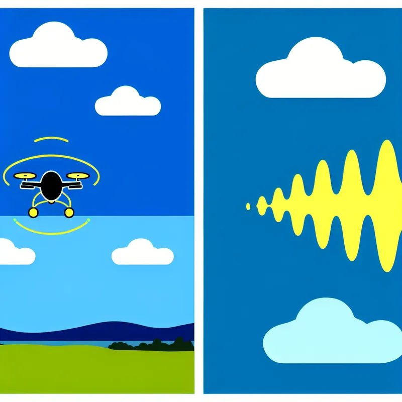 Minimalistische illustratie van een kleine drone die door een blauwe lucht vliegt met een zoemend geluid.