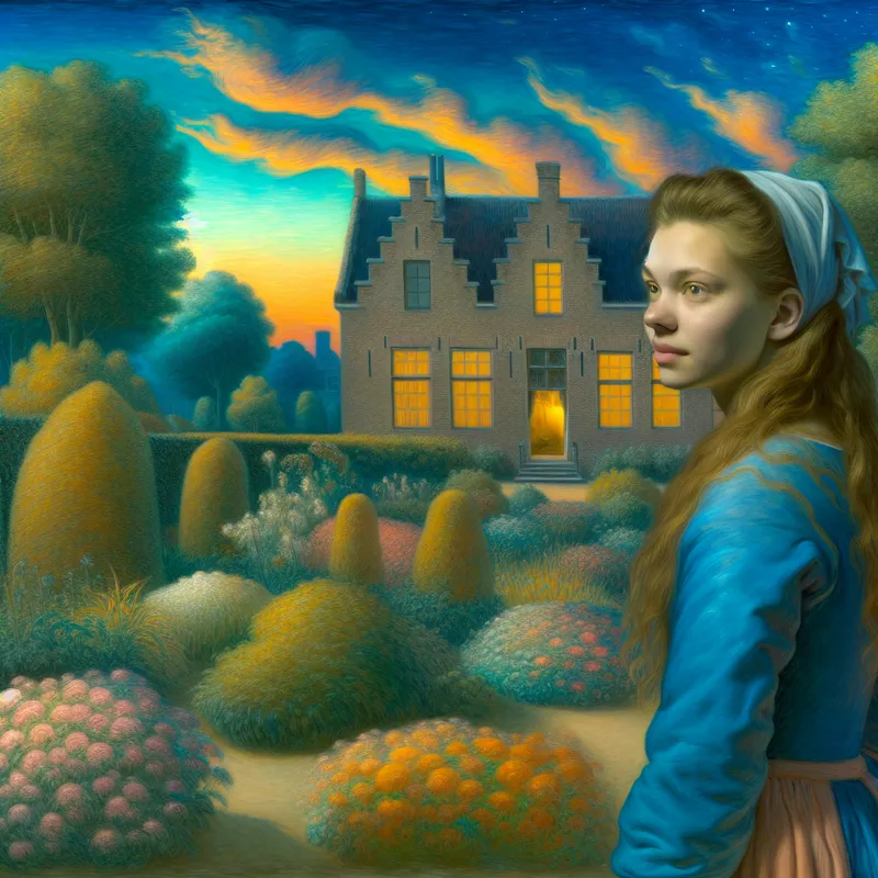 Een jongedame staat voor een groot huis met een weelderige tuin, terwijl ze dromerig naar de horizon kijkt bij zonsondergang, symboliserend hoop en verlangen.