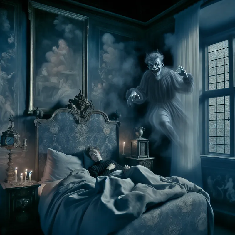 Een droomachtige scène met een slapende persoon in een murkige slaapkamer en een schaduwachtig demonachtig wezen dat dreigend boven hen hangt.