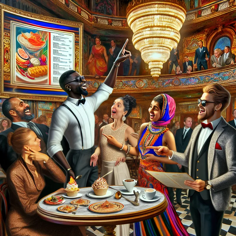 Een levendige en dynamische scène in een druk café met een diverse groep klanten die enthousiast hun maaltijden uit een kleurrijk menu kiezen.