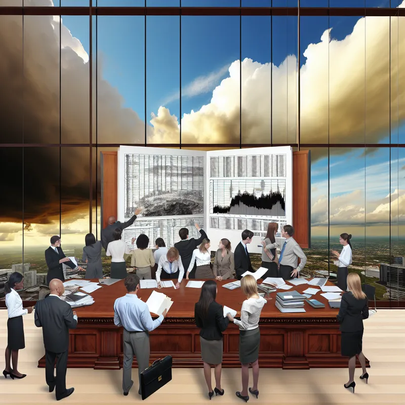 Beeld van een druk kantoor met een groot houten bureau en medewerkers die een incidentenrapport bespreken.