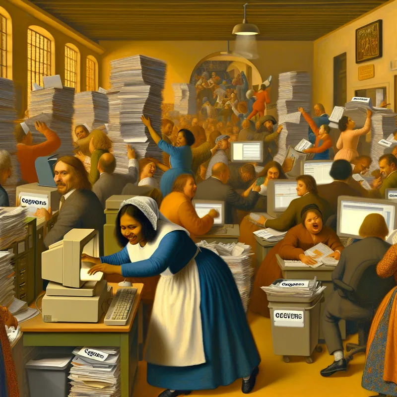 Een druk kantoor met een enthousiaste werknemer die bestanden organiseert tussen stapels documenten met het label 'gegevens'.