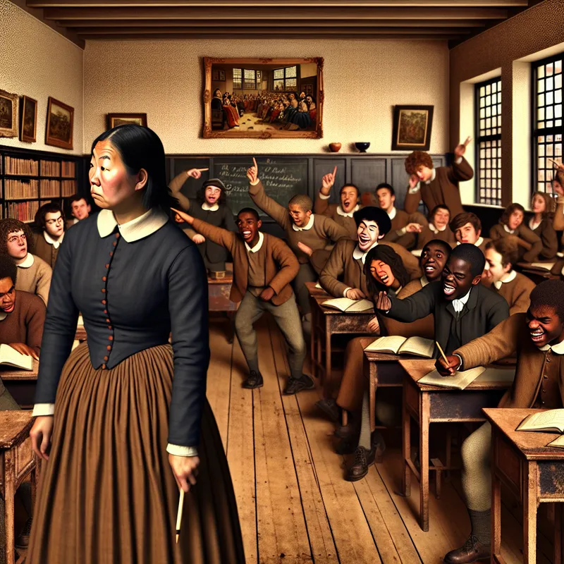 Een drukke klaslokaal met een leraar die een les probeert uit te leggen, terwijl een groep lachende leerlingen hem onderbreekt.