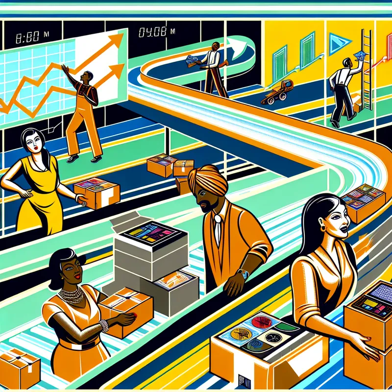 Drukke moderne illustratie van een magazijn met werknemers die verschillende producten zoals elektronica en modeartikelen verplaatsen.