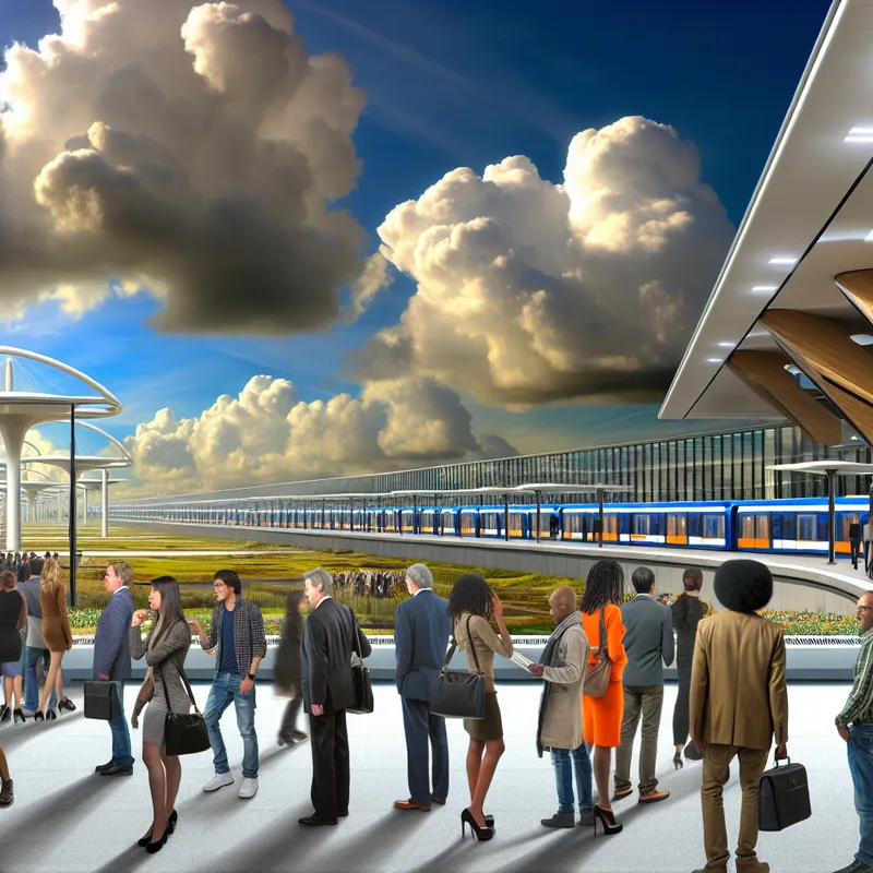 Een druk metrostation met reizigers, moderne architectuur en dramatische wolken in de lucht.