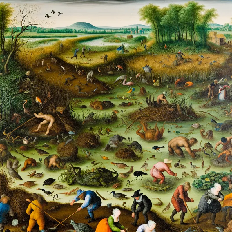 Druk moeraslandschap met diverse dieren zoals kikkers en vogels, en boeren die werken in de modderige grond.