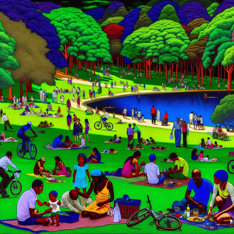 Een druk recreatiegebied met gezinnen die picknicken, kinderen die spelen bij een meer en koppels die wandelen.