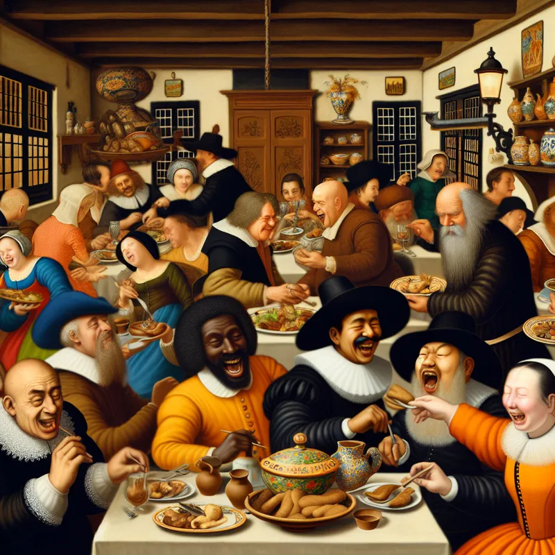 Chaotische eetscene in een druk restaurant met vrolijke diners en een strenge ober die toezicht houdt.