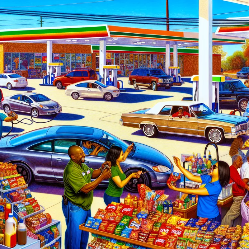 Een levendige scène bij een druk tankstation met auto's, een vriendelijke medewerker die snacks aan een blije klant overhandigt, en een zonnige achtergrond.