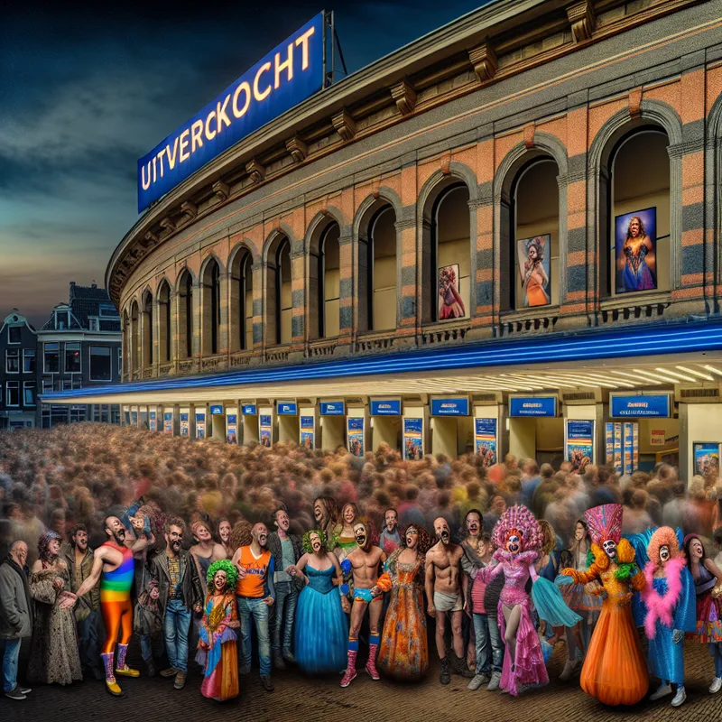 Een druk theater met een enthousiaste menigte die wacht op een optreden, met blije en verwachtingsvolle gezichten.