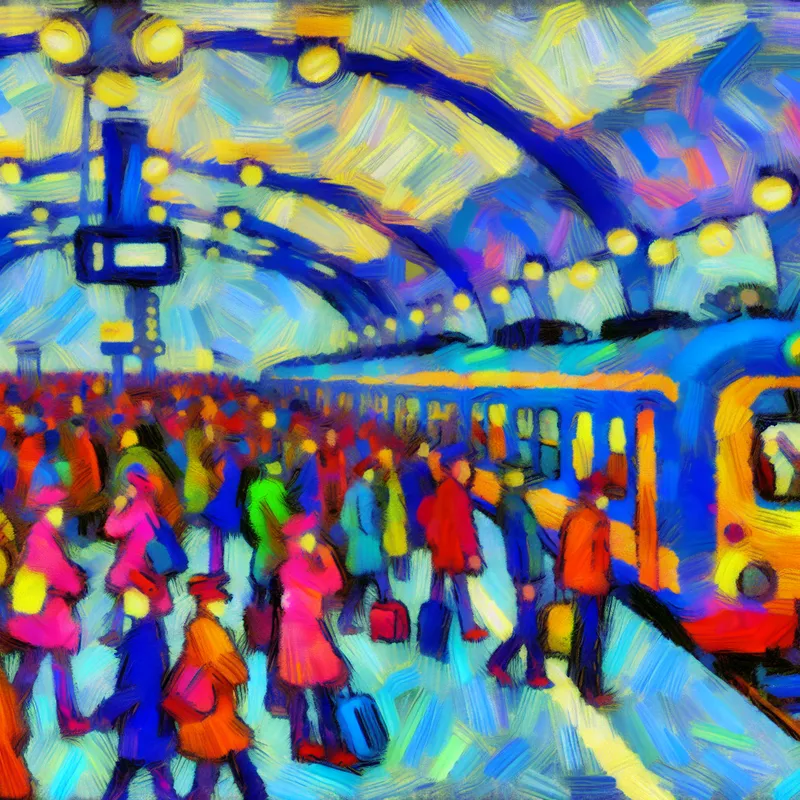 Drukke treinstation met levendige, kleurrijke figuren van reizigers in beweging.