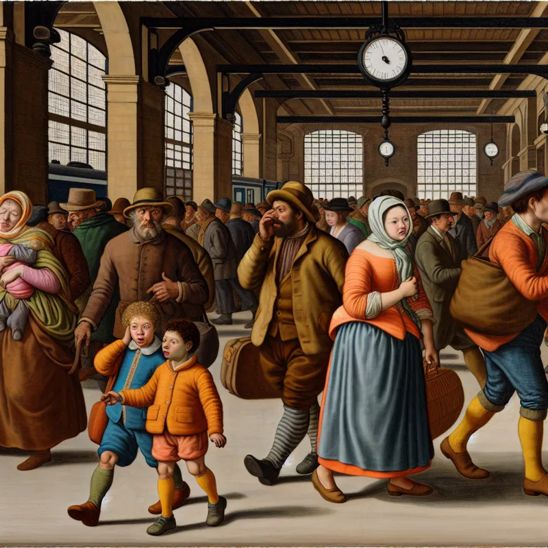 Een drukke scène op een treinstation met een gezin dat haastig naar de ingang loopt.