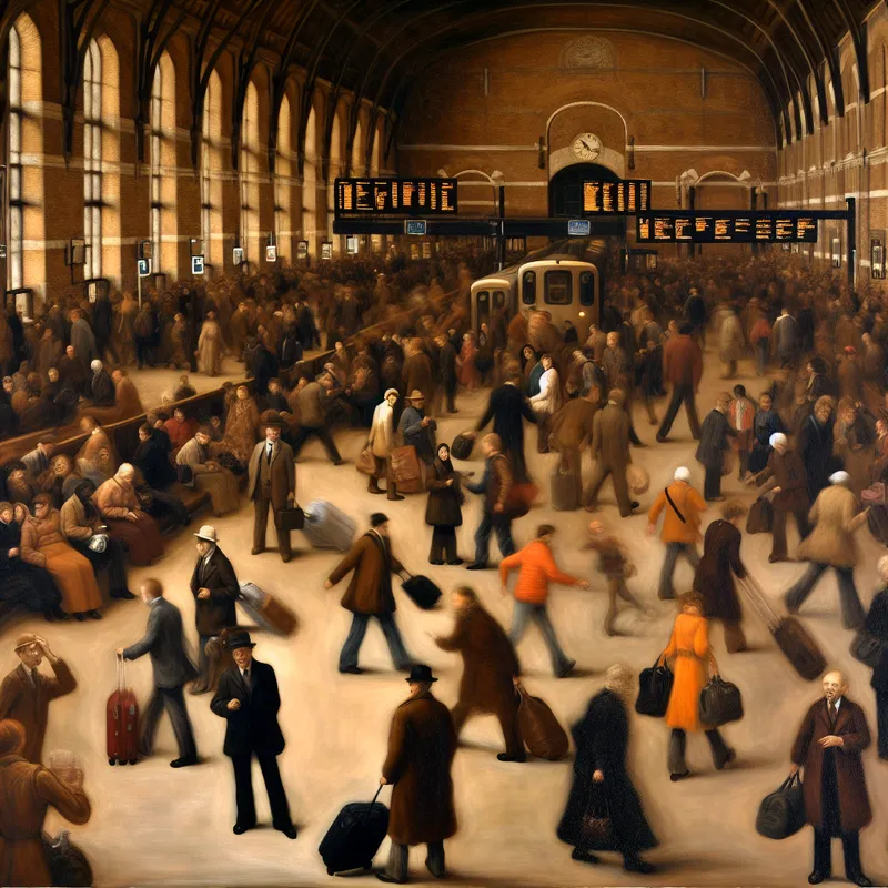 Een druk treinstation tijdens het spitsuur met reizigers en treinen in warme, aardse tinten