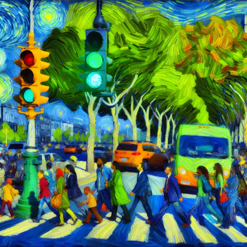 Illustratie van een druk kruispunt met een groot verkeerslicht en voetgangers die veilig de straat oversteken